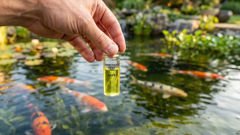 Testing koi pond water for ammonia in the morning